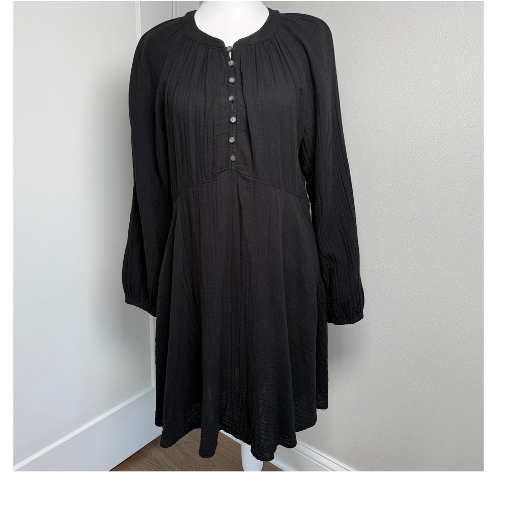 XIRENA Black Cotton Gauze‎ Long Sleeve Dress